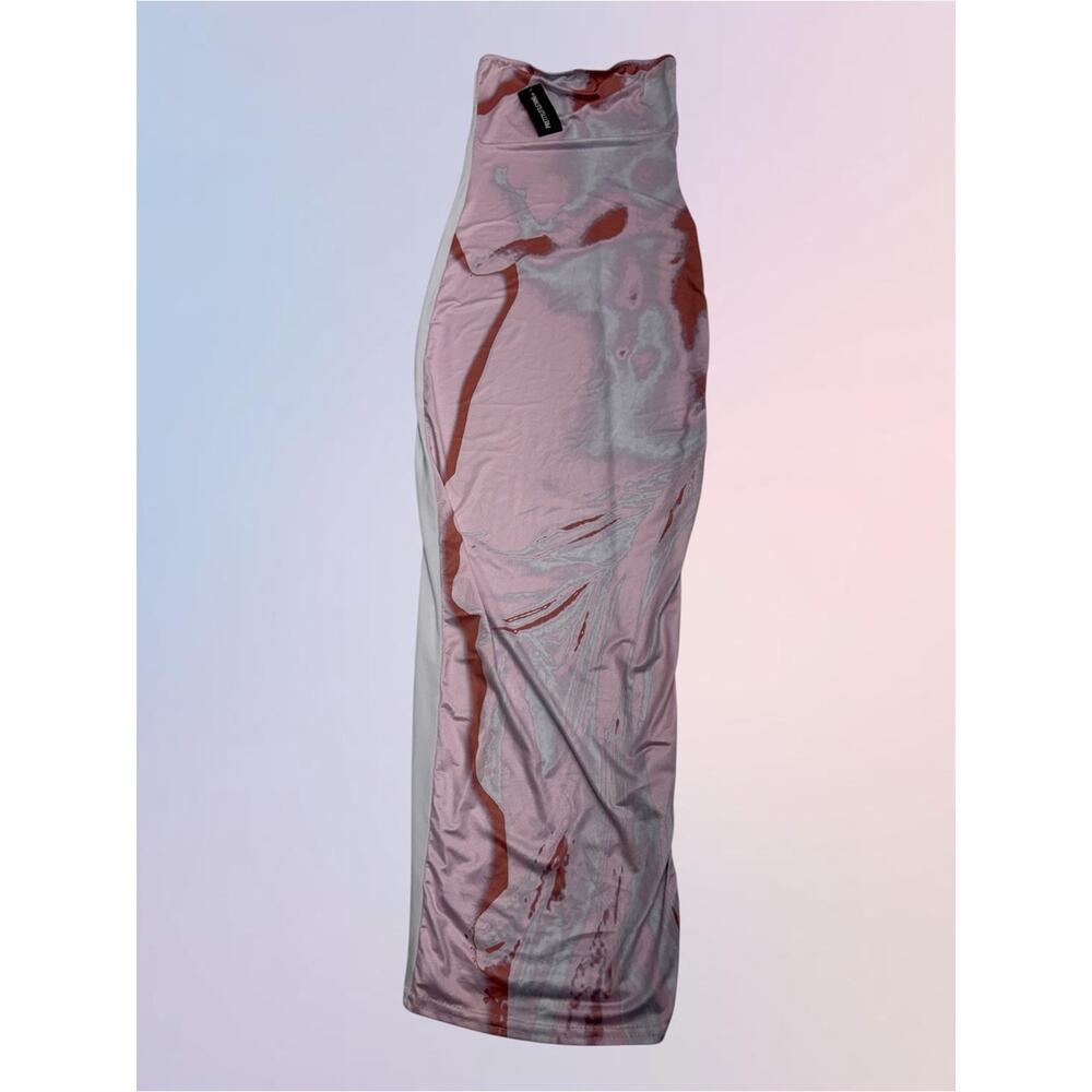 PRETTY LITTLE THING Women’s 0 PINK BODY PRINT SLINKY BANDEAU MIDAXI DRESS - Picture 2 of 4